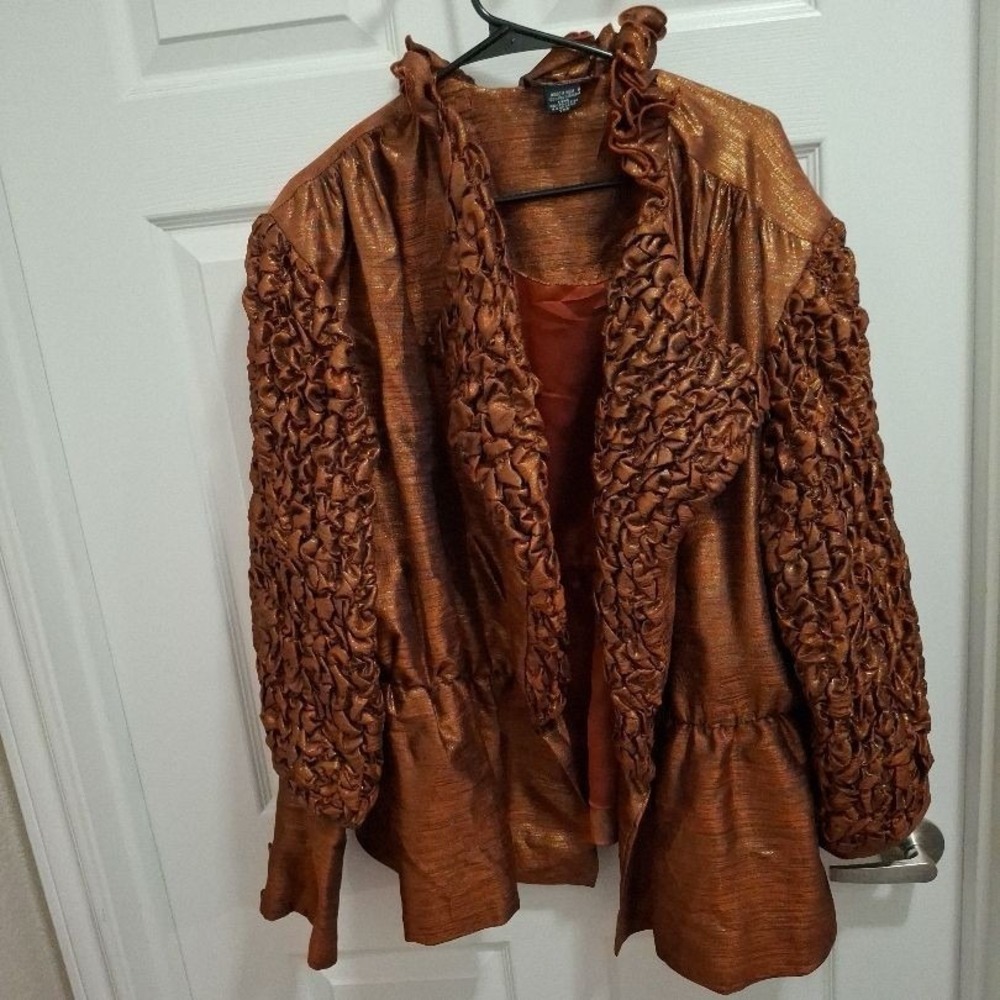 Chez Vouz de France‎ 24W Copper Ruffled Open Front Shimmer Metallic Jacket